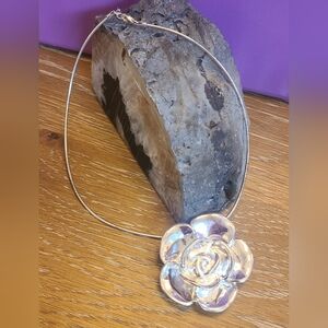 Large sterling silver flower pendant and cable chain stamped 925
